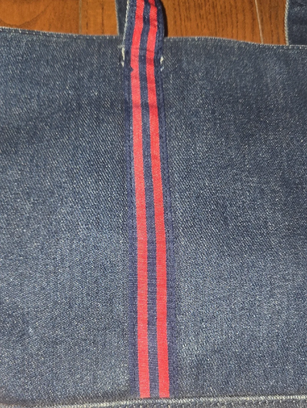 Denim Tote Bag with Red Stripe Handles - Picture 3 of 10